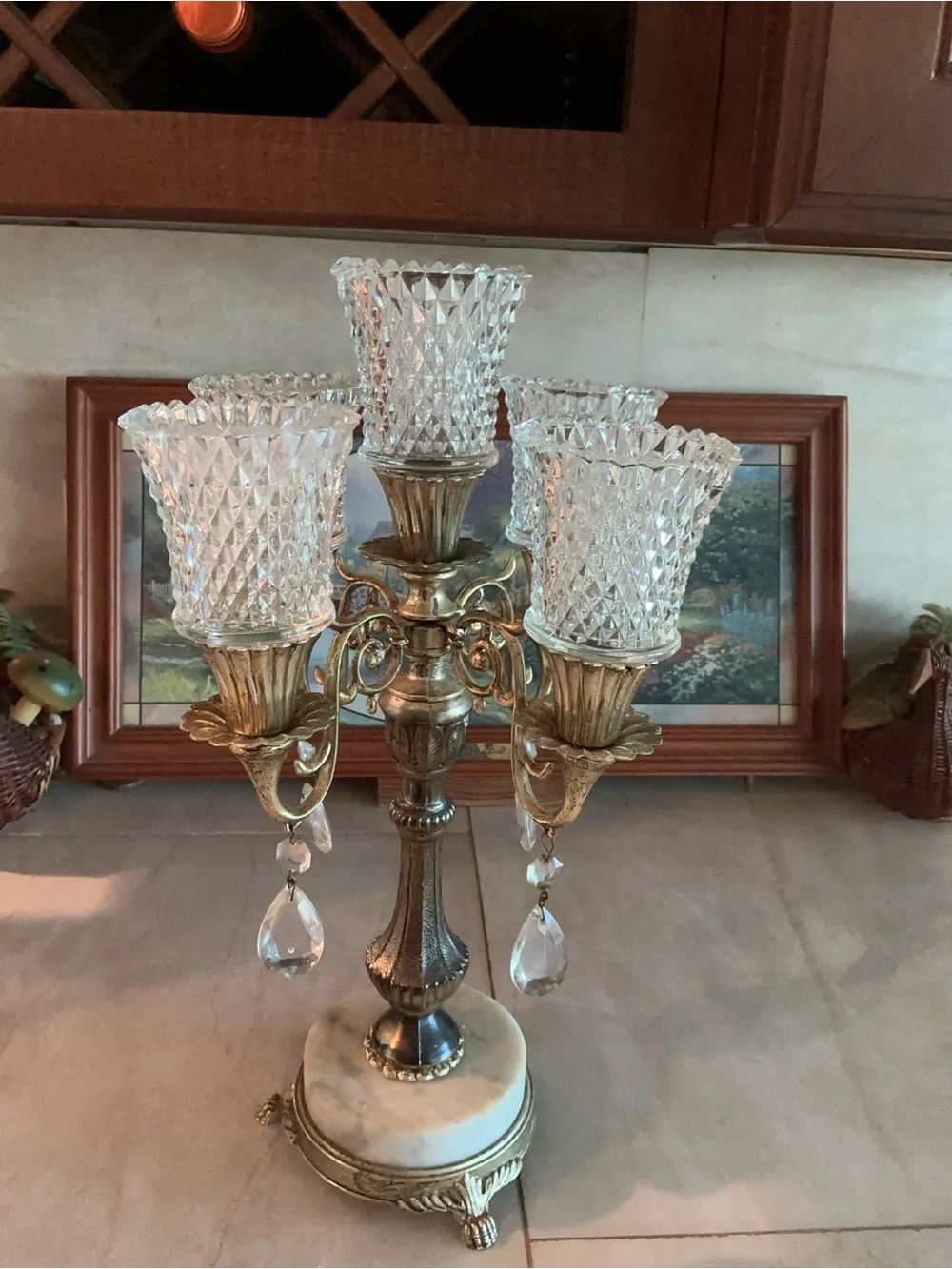 Vintage candelabra with Crystal Accents / Italian marble base -